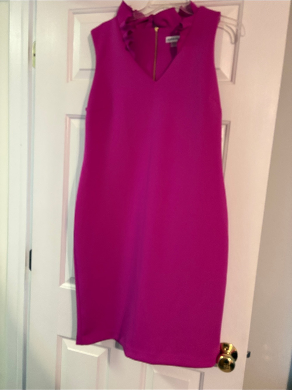 Calvin Klein Sleeveless Ruffle Neck Sheath Dress Dress in Shocking Pink
